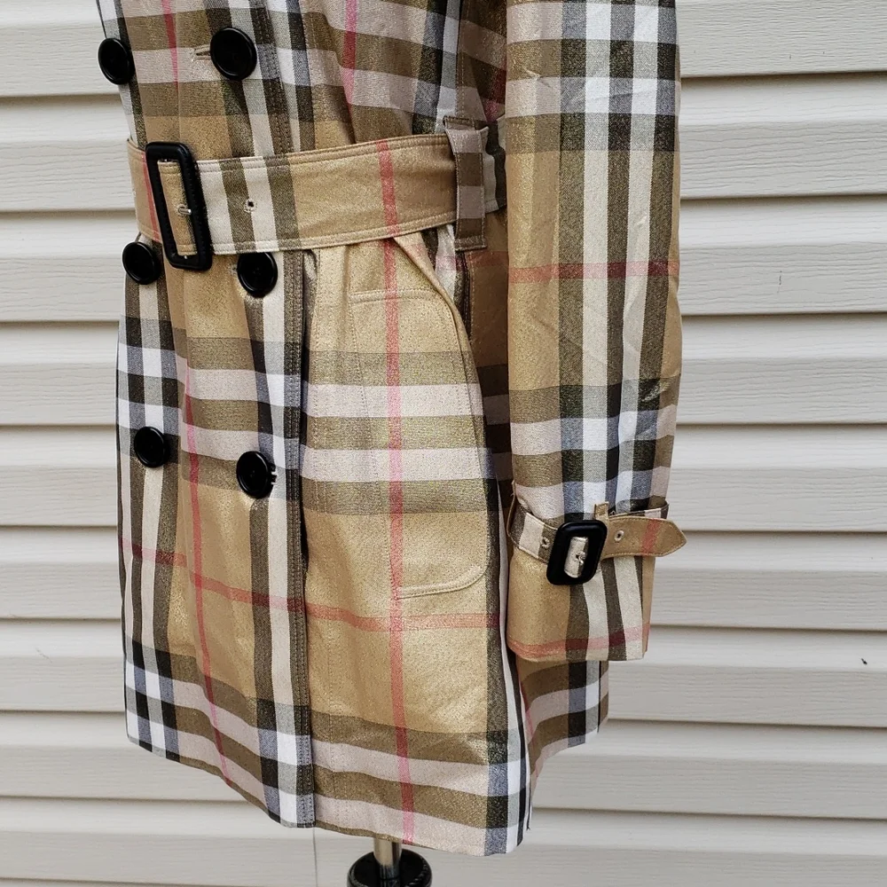 BURBERRY GOLD SHIMMER METALLIC CHECK PLAID TRENCH COAT - Picture 6 of 16